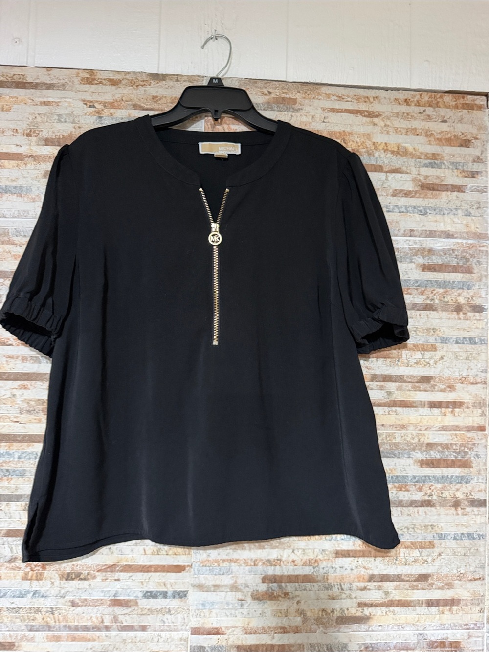 Michael Kors Black Short Puff Sleeve Top with Gold Zip Pull